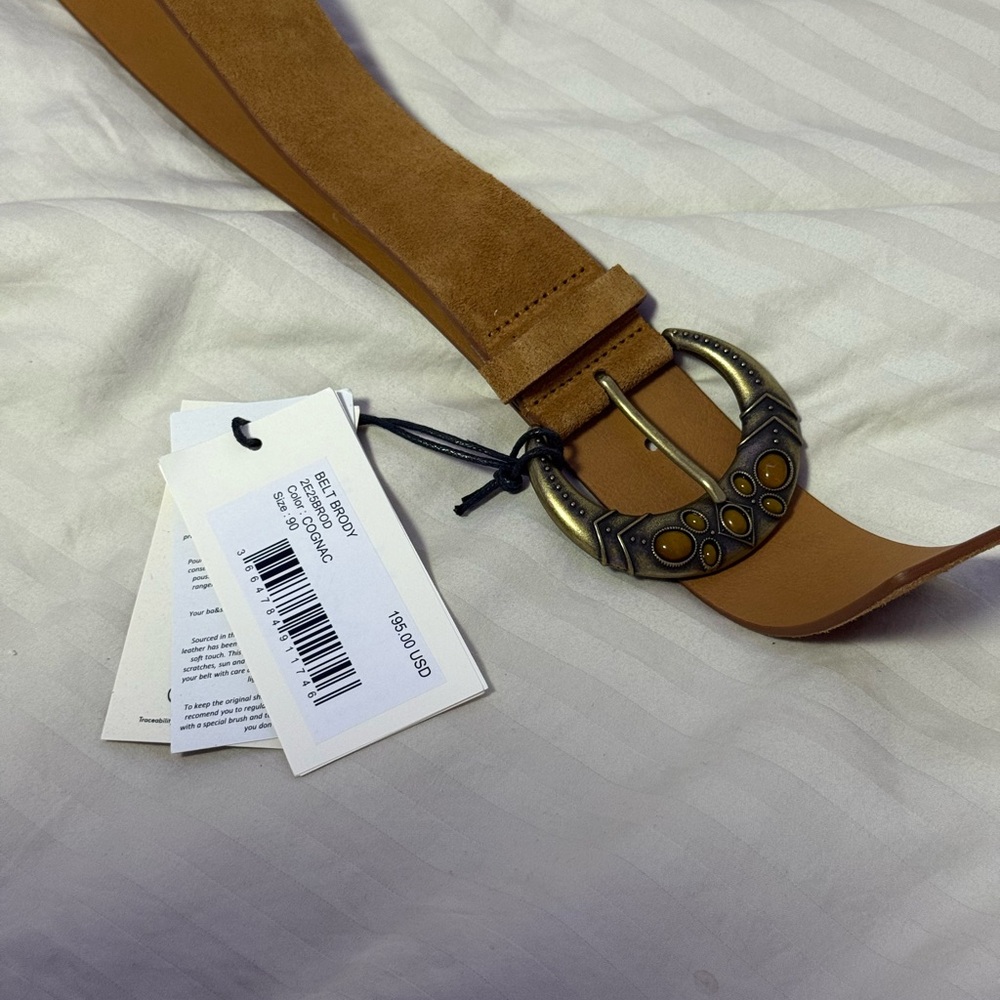 ba&sh Camel Leather Belt with Brass Buckle